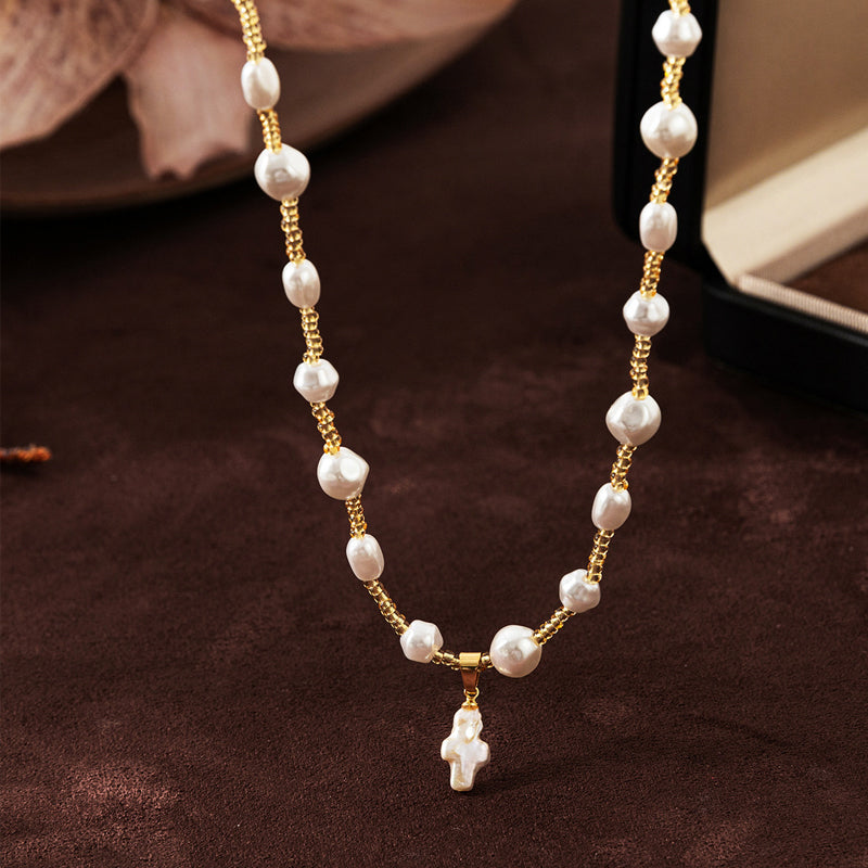 Golden Pearl Cross Necklace