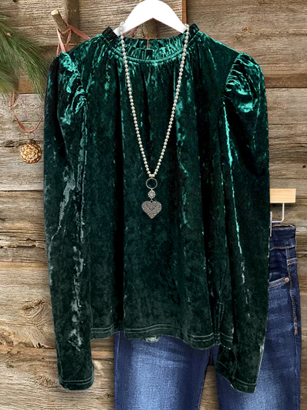 Emerald Velvet Puff-Sleeve Top