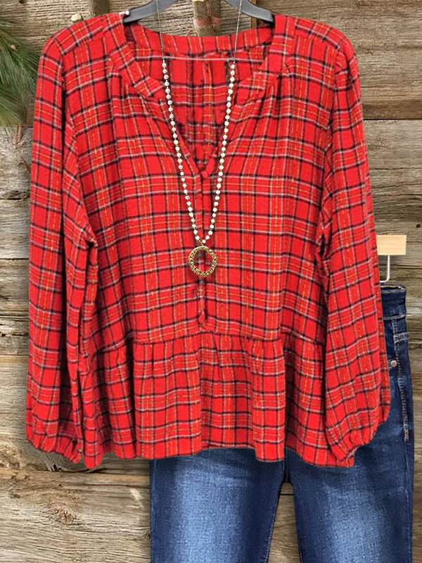 Red Plaid Peplum Blouse