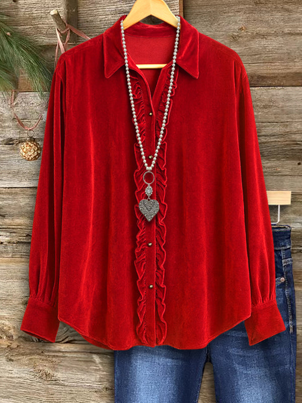 Velvet Ruffle Button Blouse
