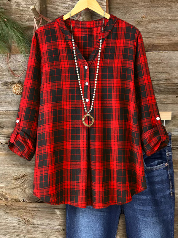 Classic Red Plaid Button V-Neck Blouse