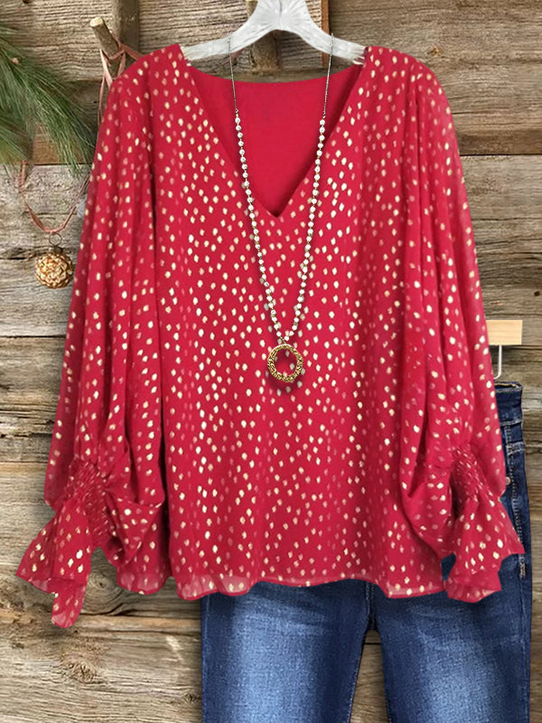 Scarlet Glow V-Neck Puff Sleeve Blouse