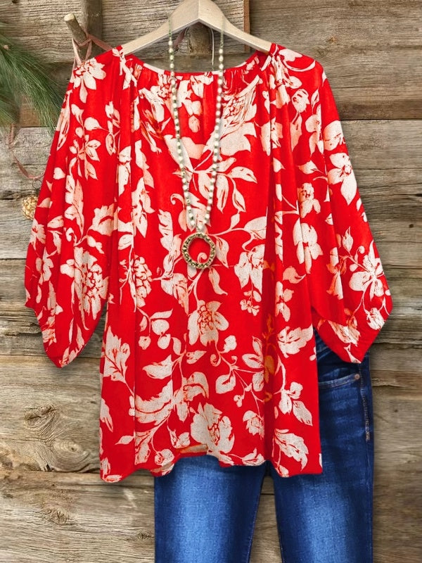 Scarlet Blossom Peasant Top