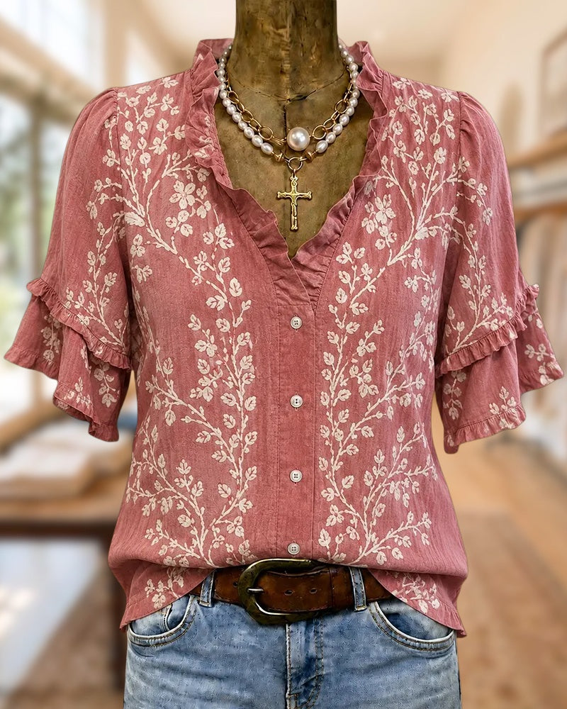 Floral Print Ruffled V Neck Button Front Tiered Sleeve Blouse