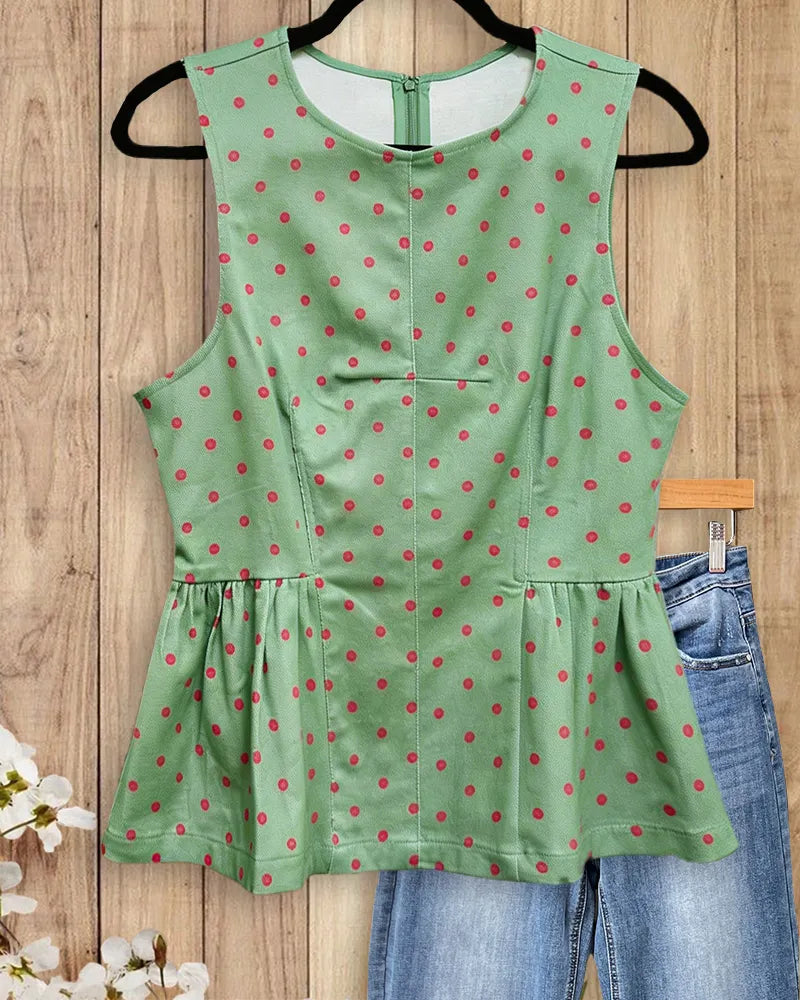 Polka Dot Sleeveless Round Neck Peplum Hem Casual Tank Top