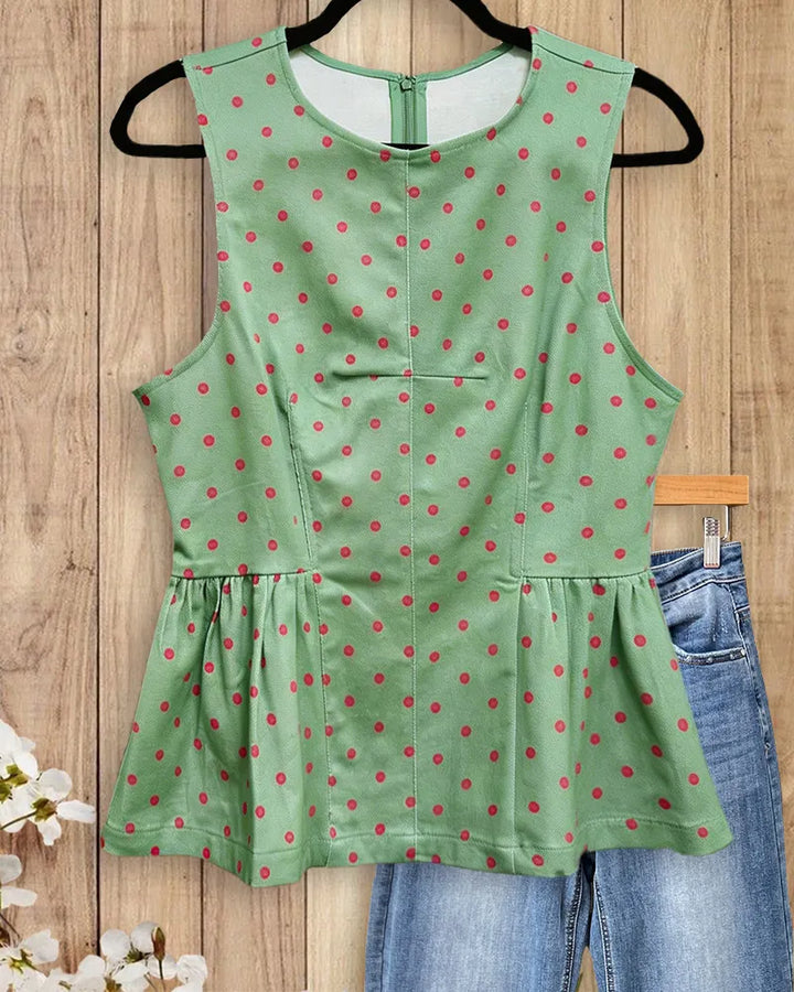 Polka Dot Sleeveless Round Neck Peplum Hem Casual Tank Top