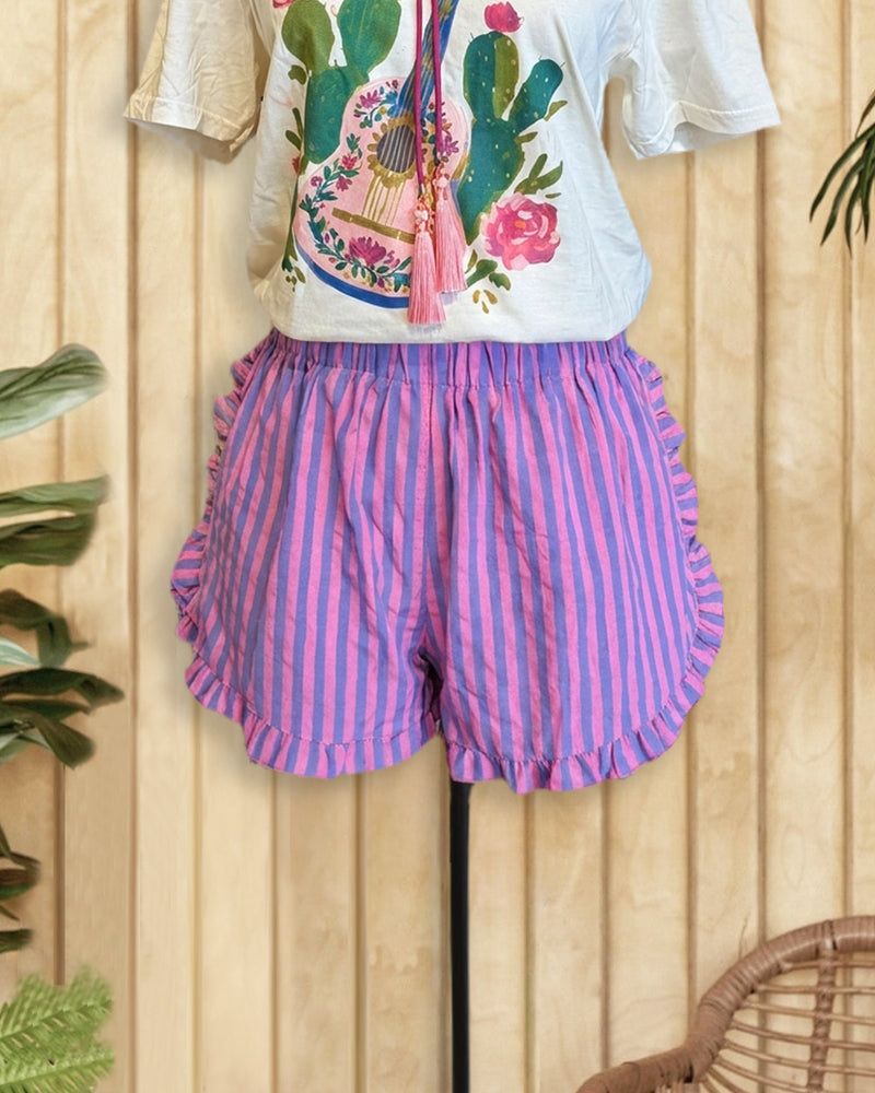 Striped Playful Ruffles Trim Shorts