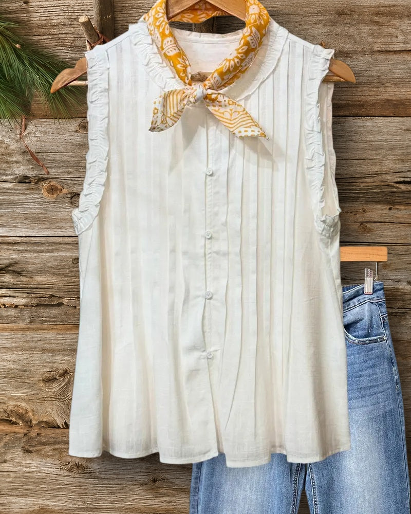 Ruffled Trim Pleated Front Button Down Sleeveless Casual Blouse