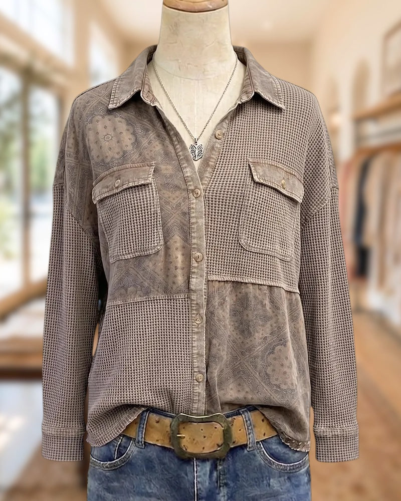 Collared Button Front Patchwork Pocket Waffle Knit Casual Shirt