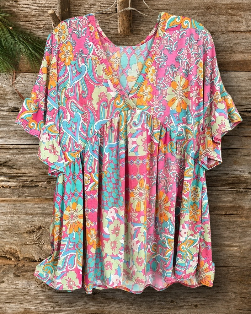 Paisley Print Pastoral V Neck Ruffle Sleeve T-Shirt