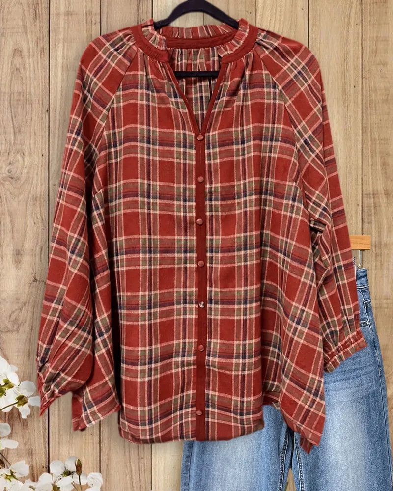 Plaid V Neck Button Front Long Sleeve Classic Blouse