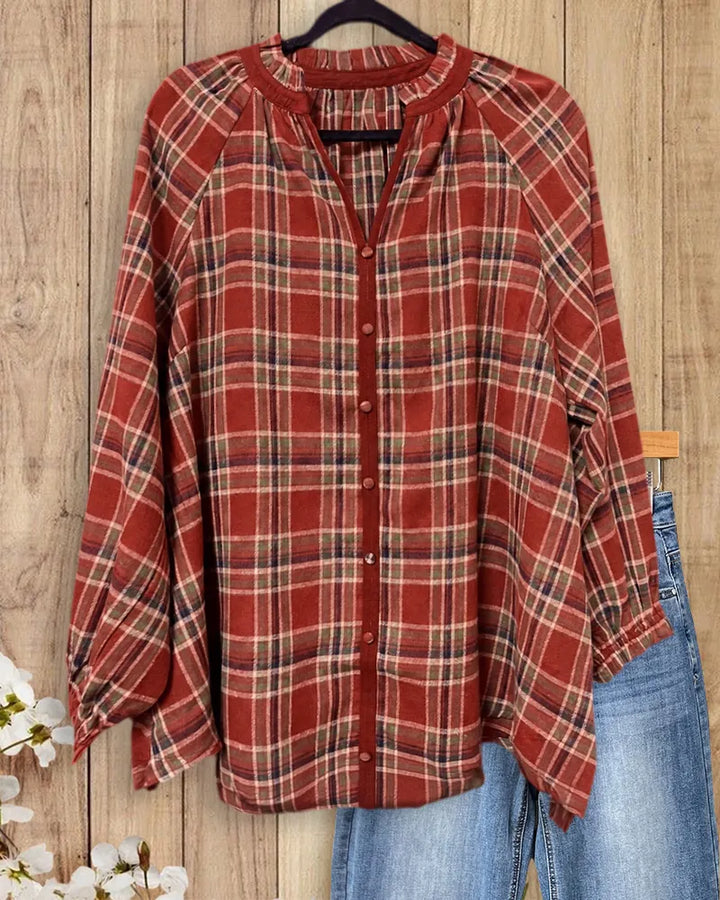 Plaid V Neck Button Front Long Sleeve Classic Blouse