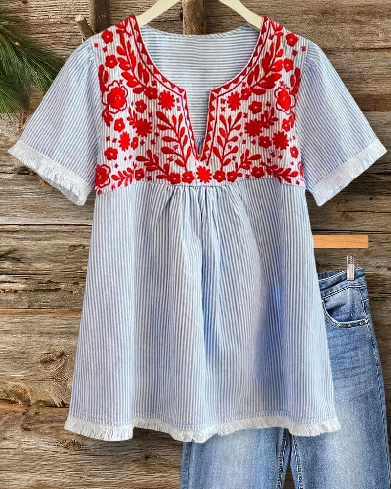 Striped Floral Embroidery V Neck Fringe Trim Blouse