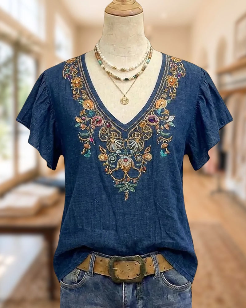 V Neck Floral Embroidery Flutter Sleeve Casual Blouse