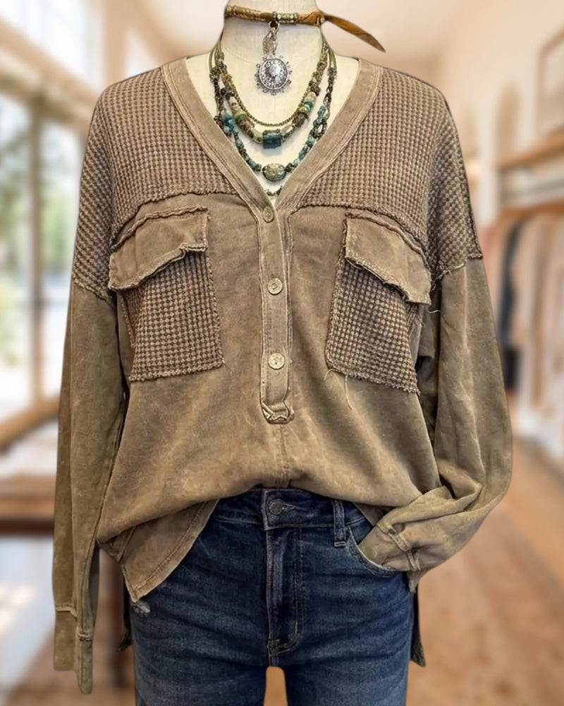 V Neck Patchwork Pocket Half Button Long Sleeve Blouse