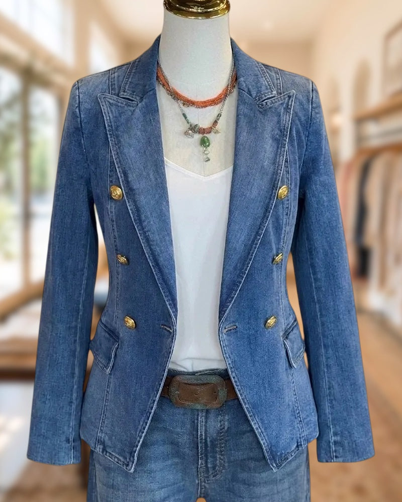 Double Breasted Notched Lapel Flap Pocket Tailored Denim Blazer