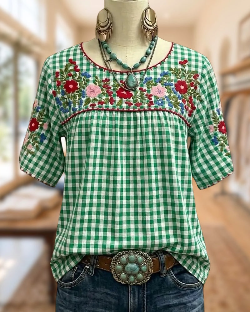 Gingham Plaid Floral Embroidery Contrast Trim Short Sleeve Blouse