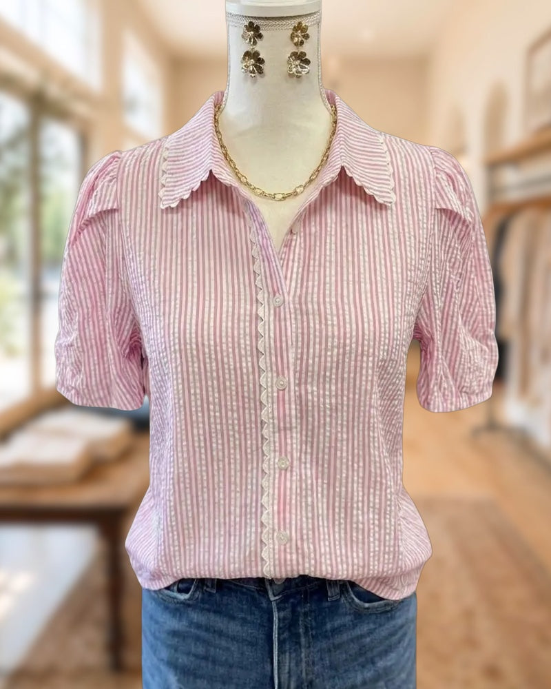 Scalloped Trim Striped Puff Sleeve Collared Button Front Blouse