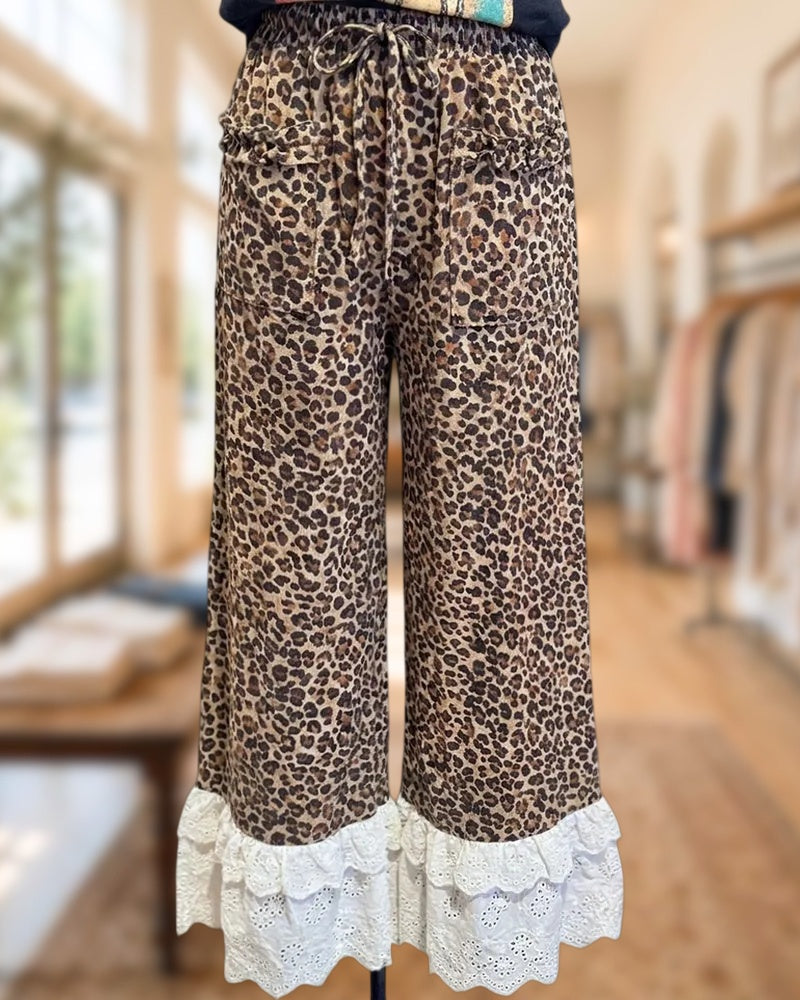 Leopard Print Drawstring Waist Wide Leg Pants With Lace Ruffle Hem