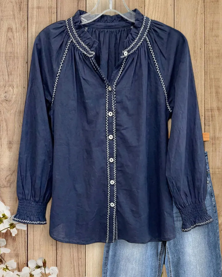 Contrast Stitch Ruffled Neck Button Front Smocked Cuff Blouse