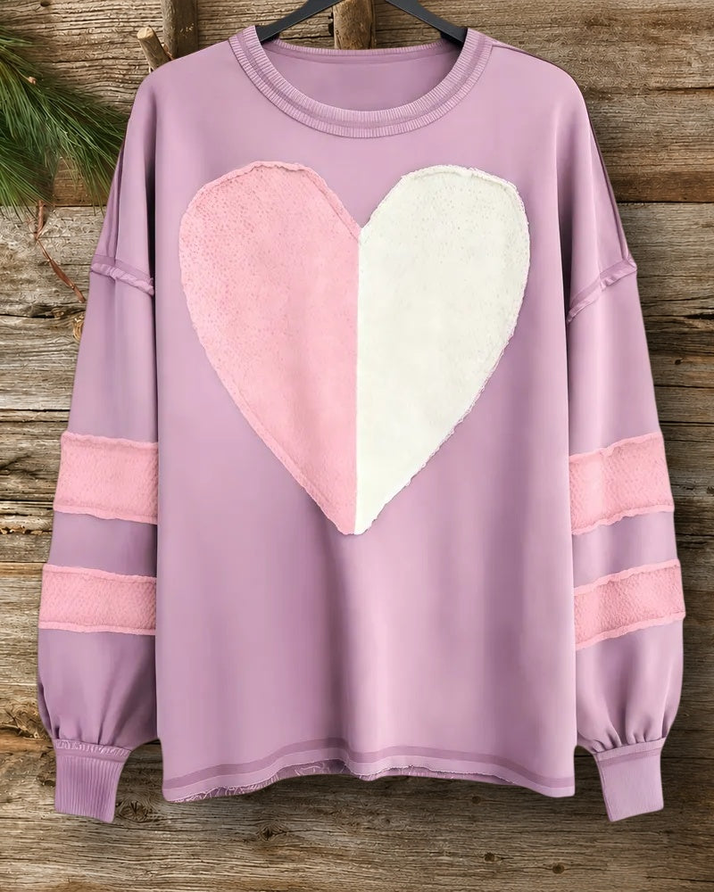 Heart Applique Color Block On-trend Round Neck Sweatshirt