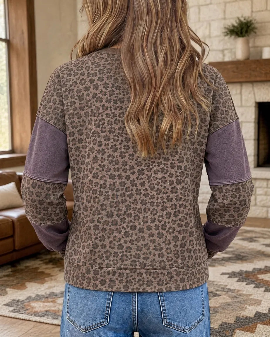 Leopard Print Star Applique Loose Sweatshirt with Colorblock Sleeves