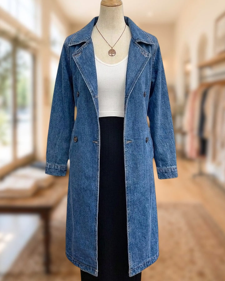 Double Breasted Belted Lapel Long Sleeve Denim Trench Coat