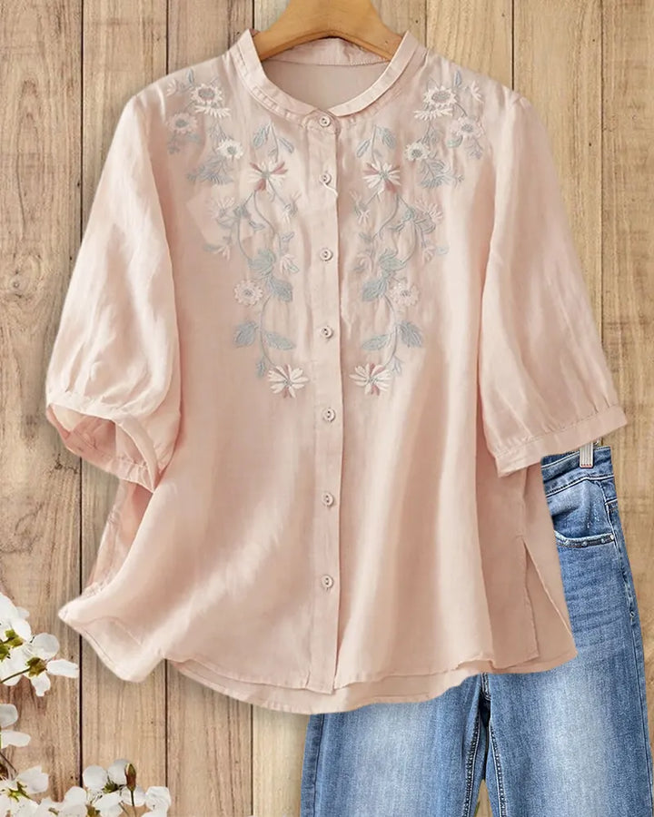 Floral Embroidered Mandarin Collar Half Sleeve Button Down Blouse