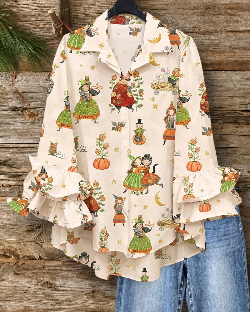 Halloween Print Ruffle Sleeve Collared Playful High-Low Blouse