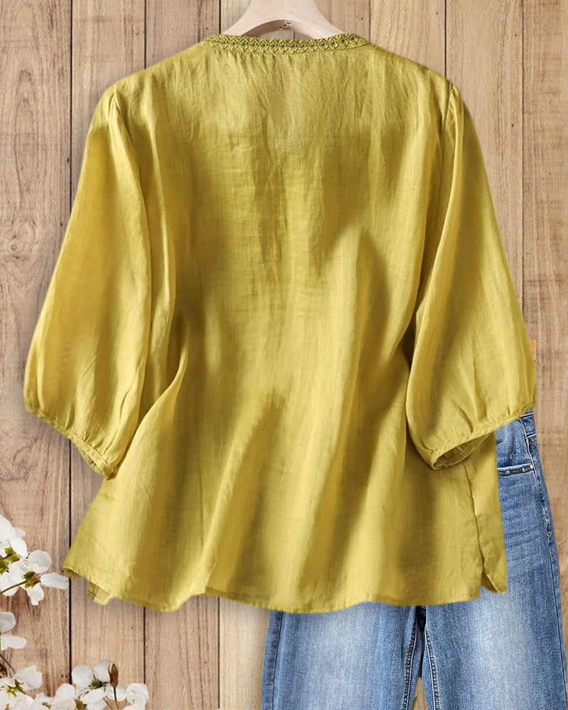Floral Embroidery V Neck Button Front 3/4 Sleeve Comfortable Blouse
