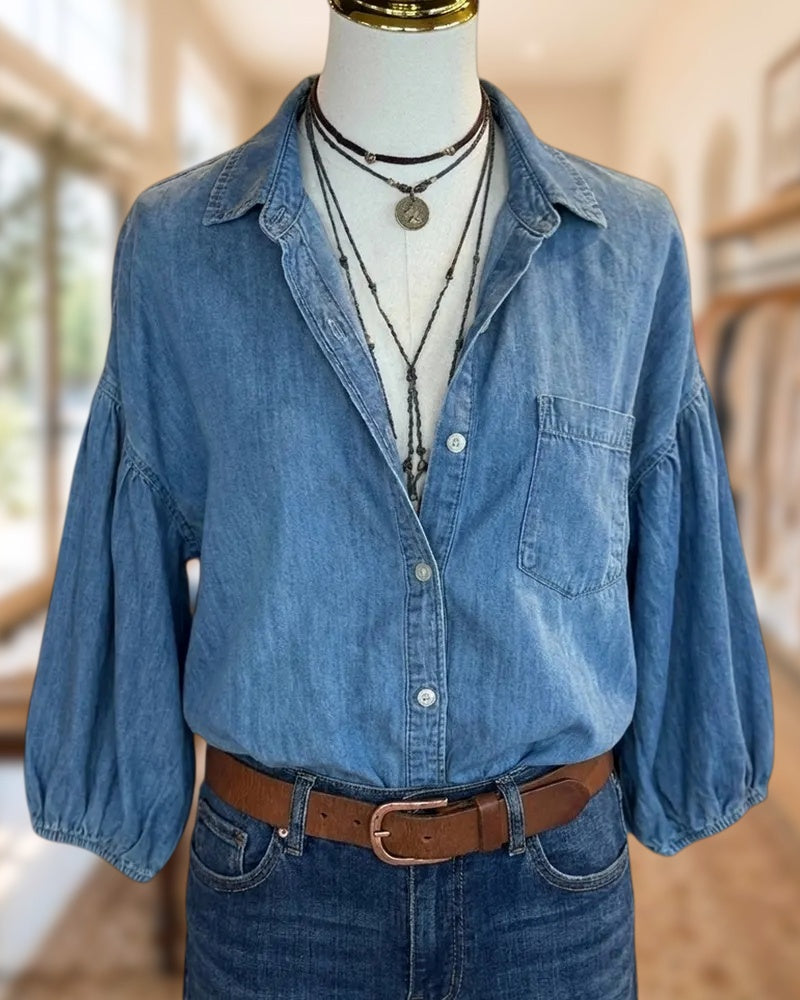 Puff Sleeve Button Up Patch Pocket Casual Loose Shirt