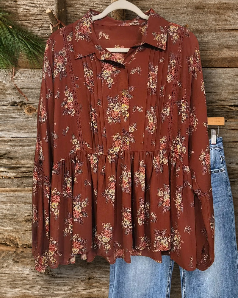 Floral Print Lacy Insert Pleated Boho Peplum Blouse