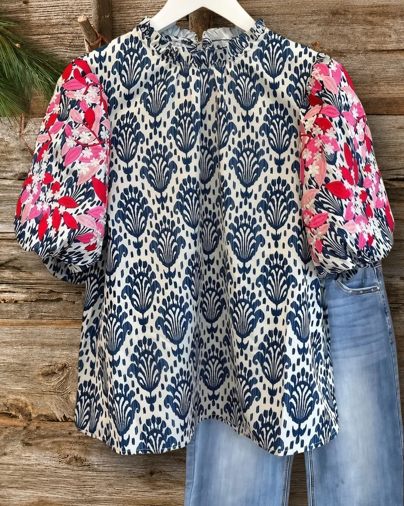 Floral Mixed Print Puff Sleeve Ethnic Ruffled Collar Blouse