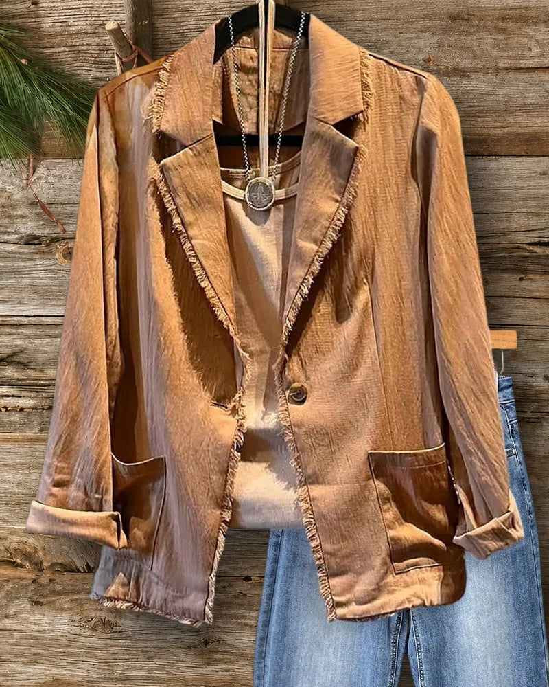 Frayed Trim Single Breasted Lapel Patch Pocket Casual Blazer
