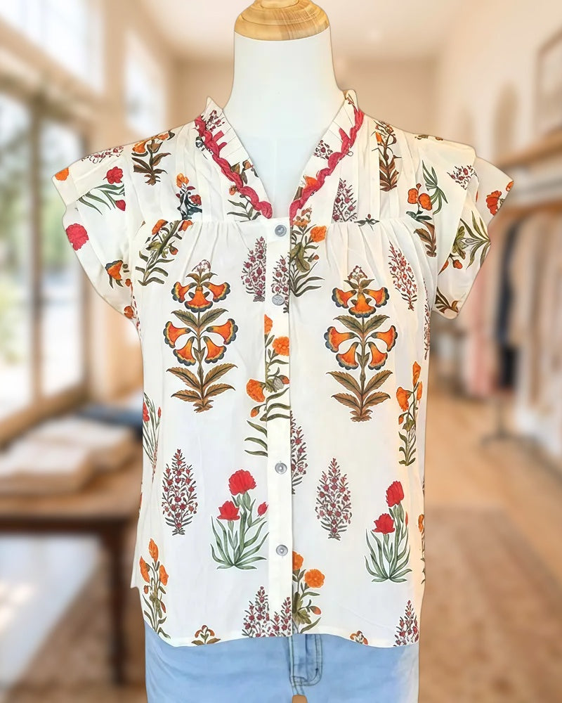 Floral Print Ruffled V Neck Button Front Flutter Sleeve Blouse