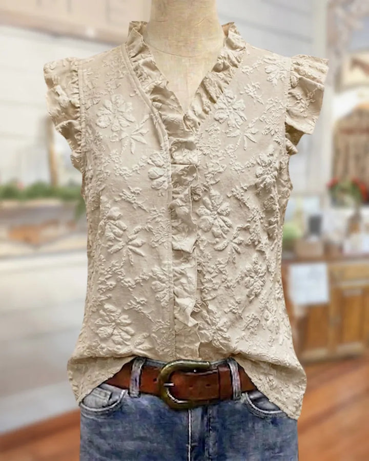 Ruffled V Neck Floral Embossed Flutter Sleeve Casual Blouse
