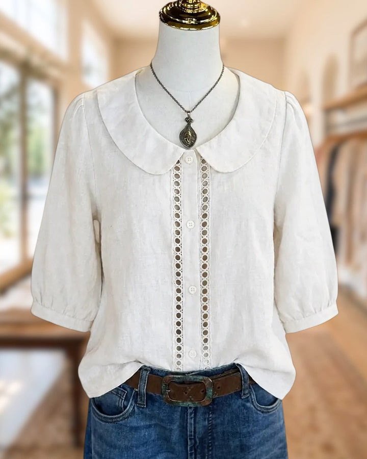 Peter Pan Collar Eyelet Trim Puff Sleeve Casual Blouse