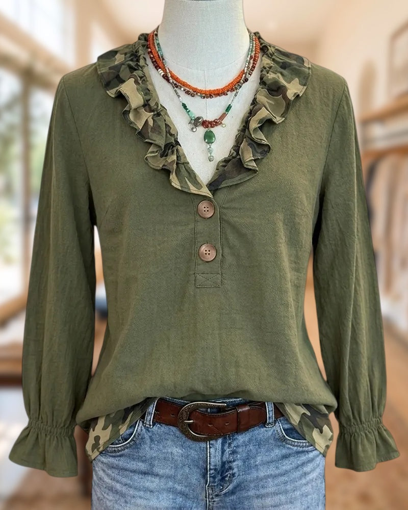 Ruffled Trim V Neck Long Sleeve Blouse With Camo Accents