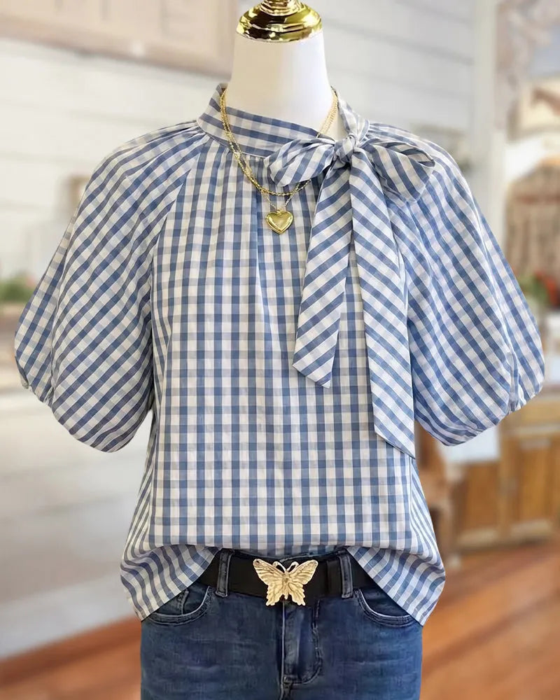 Gingham Plaid Bow Neck Puff Sleeve Relaxed Fit Casual Blouse