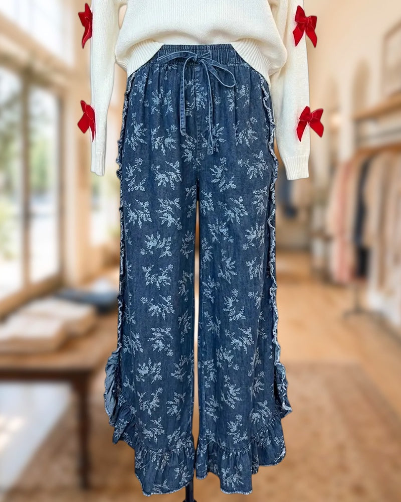 Bow Accent Sweater Drawstring Waist Floral Ruffle Pants Set