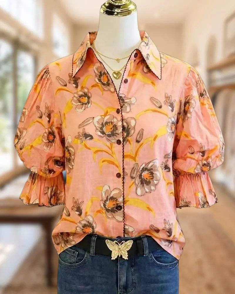 Floral Print Collared Button Up Blouse with Flare Cuffs