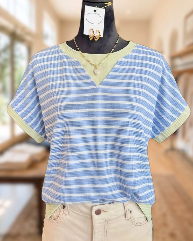 Striped Round Neck Sporty High Low Shirt