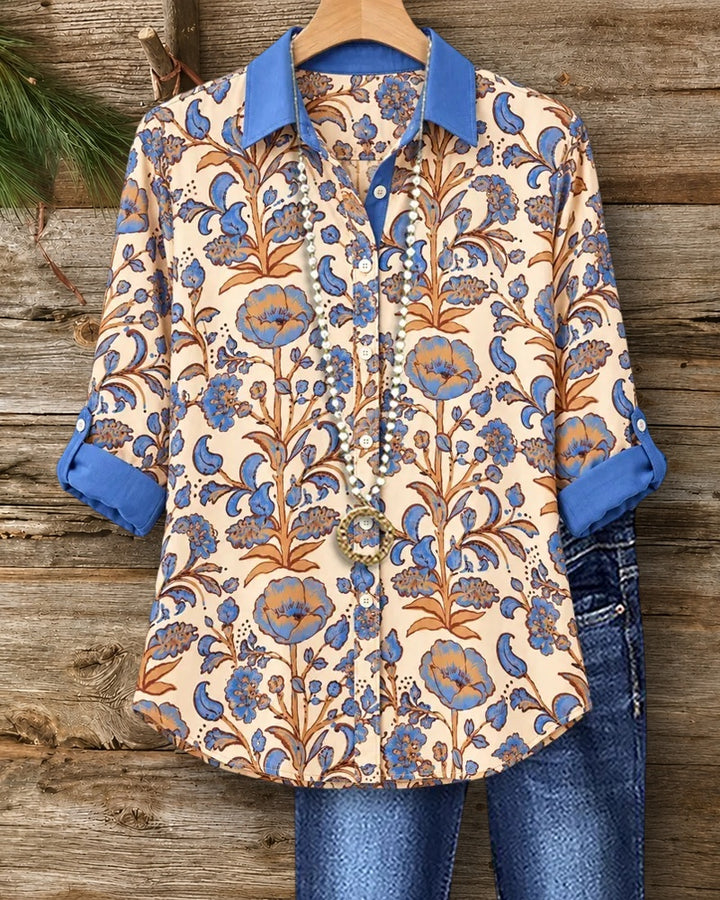 Contrast Collar Floral Print Roll Tab Button Shirt
