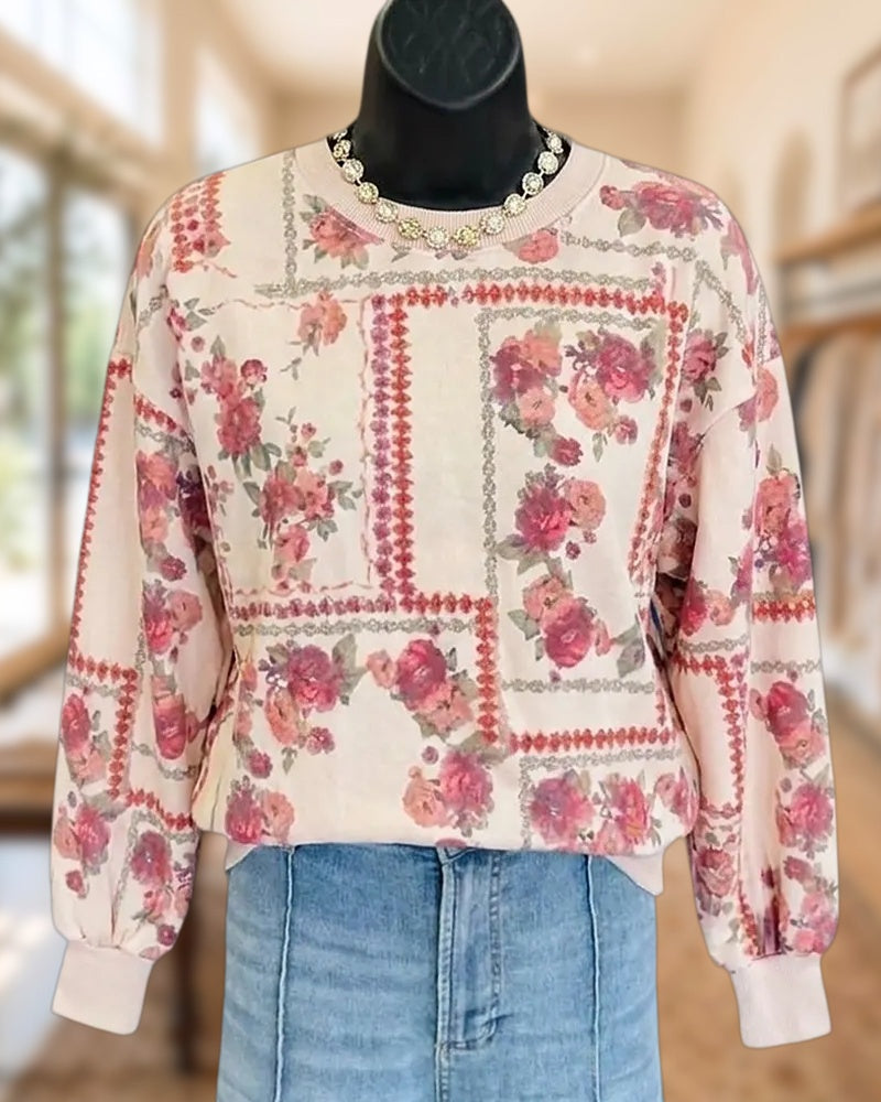Floral Print Crew Neck Relaxed Fit Long Sleeve Sweatshirt