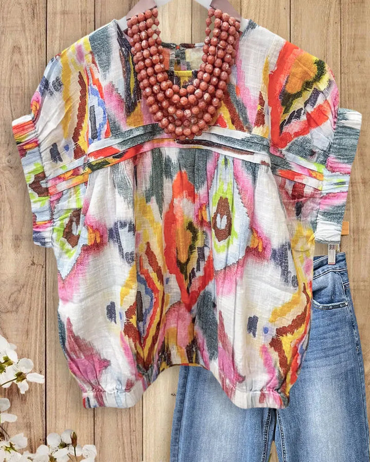Abstract Print Ruffle Trim Gathered Bust Loose Short Sleeve Blouse