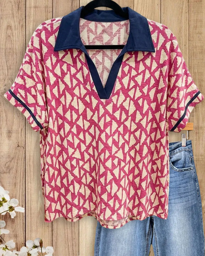 Geometric Print Contrast Trim Collared Short Sleeve Casual Blouse