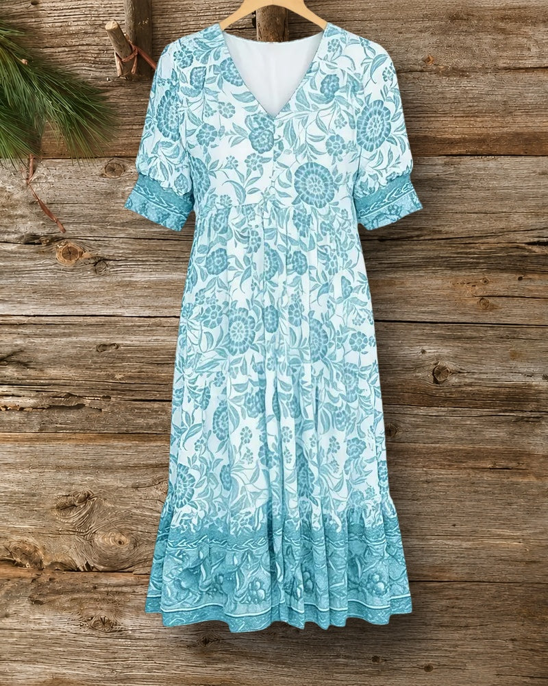 Floral Print Bohemia V Neck Swing Midi Dress