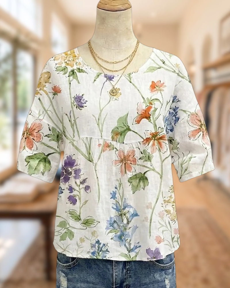 Watercolor Floral Print Round Neck Casual Blouse
