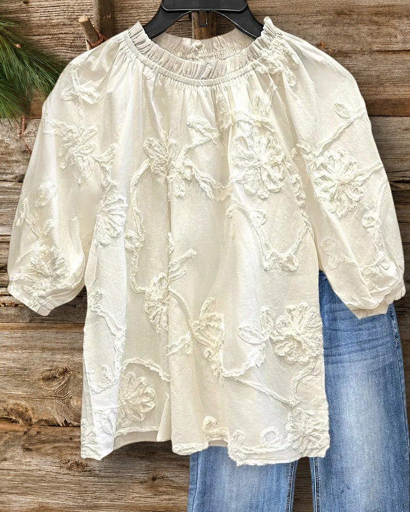Solid Color Floral Applique Ruffled Collar Unique Blouse