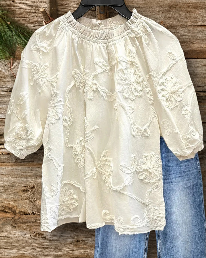 Solid Color Floral Applique Ruffled Collar Unique Blouse